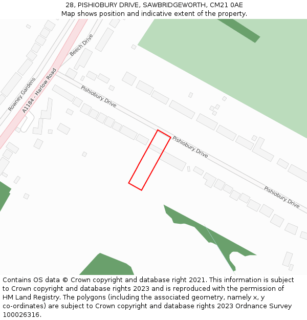 28, PISHIOBURY DRIVE, SAWBRIDGEWORTH, CM21 0AE: Location map and indicative extent of plot