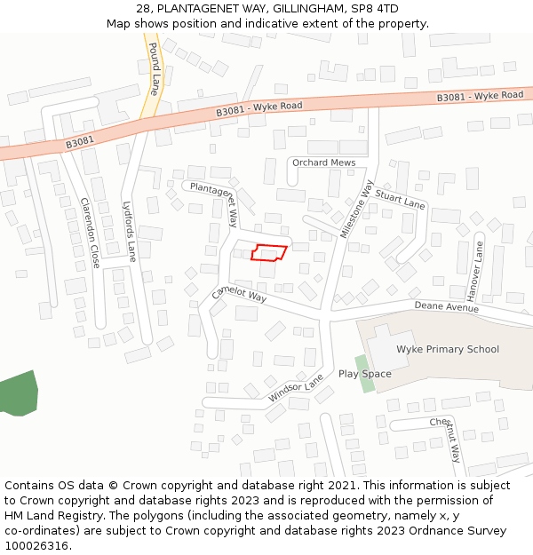 28, PLANTAGENET WAY, GILLINGHAM, SP8 4TD: Location map and indicative extent of plot