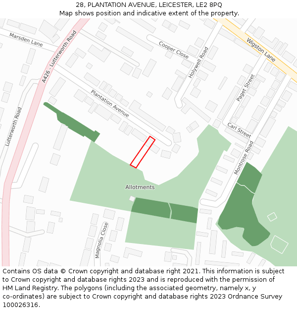 28, PLANTATION AVENUE, LEICESTER, LE2 8PQ: Location map and indicative extent of plot