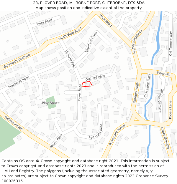 28, PLOVER ROAD, MILBORNE PORT, SHERBORNE, DT9 5DA: Location map and indicative extent of plot