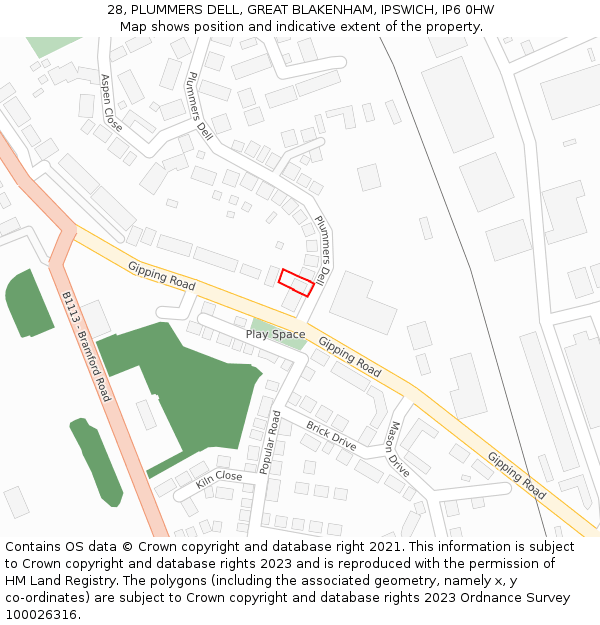 28, PLUMMERS DELL, GREAT BLAKENHAM, IPSWICH, IP6 0HW: Location map and indicative extent of plot