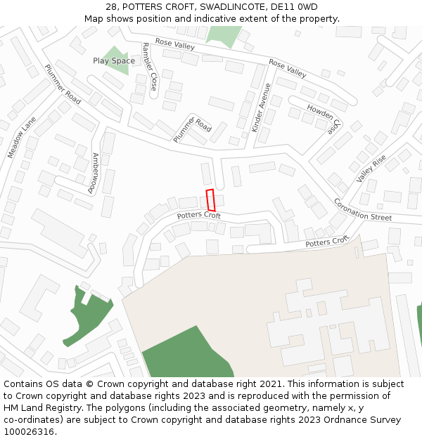 28, POTTERS CROFT, SWADLINCOTE, DE11 0WD: Location map and indicative extent of plot