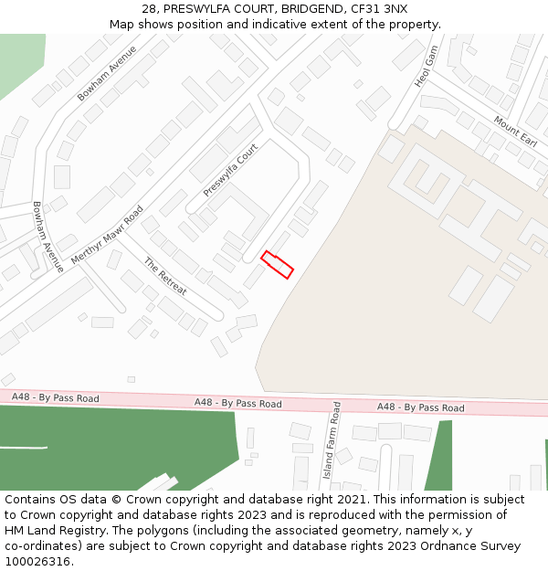 28, PRESWYLFA COURT, BRIDGEND, CF31 3NX: Location map and indicative extent of plot