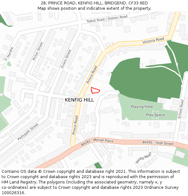 28, PRINCE ROAD, KENFIG HILL, BRIDGEND, CF33 6ED: Location map and indicative extent of plot