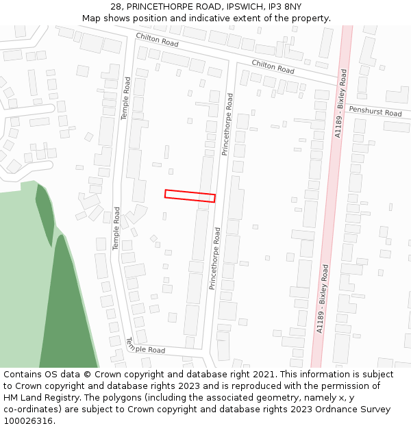 28, PRINCETHORPE ROAD, IPSWICH, IP3 8NY: Location map and indicative extent of plot