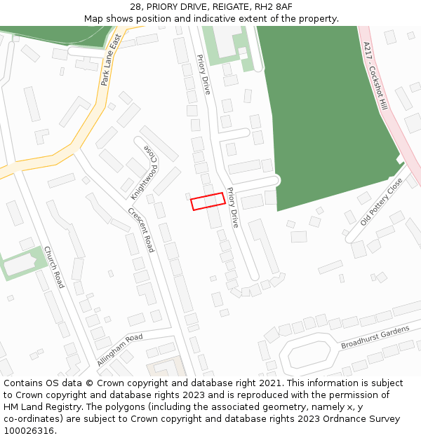 28, PRIORY DRIVE, REIGATE, RH2 8AF: Location map and indicative extent of plot