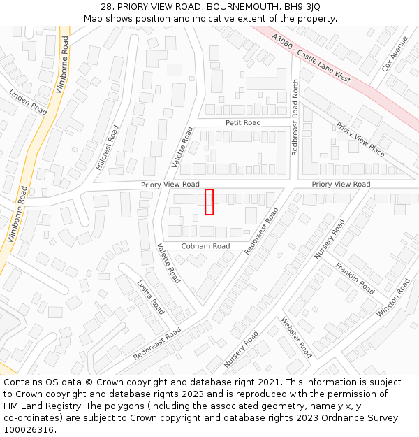 28, PRIORY VIEW ROAD, BOURNEMOUTH, BH9 3JQ: Location map and indicative extent of plot