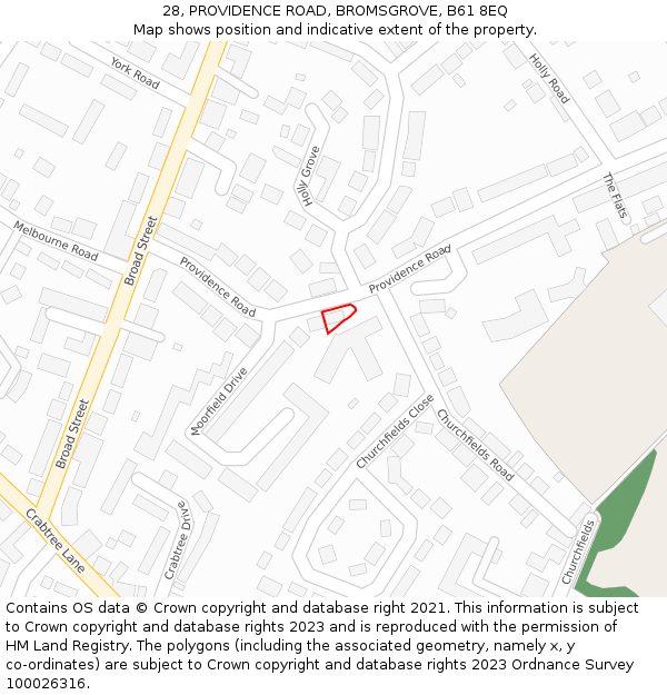 28, PROVIDENCE ROAD, BROMSGROVE, B61 8EQ: Location map and indicative extent of plot