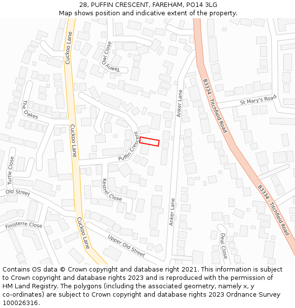 28, PUFFIN CRESCENT, FAREHAM, PO14 3LG: Location map and indicative extent of plot