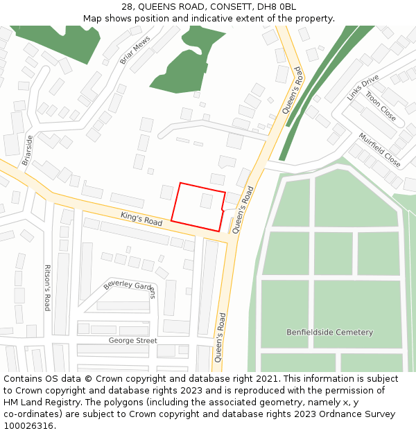 28, QUEENS ROAD, CONSETT, DH8 0BL: Location map and indicative extent of plot