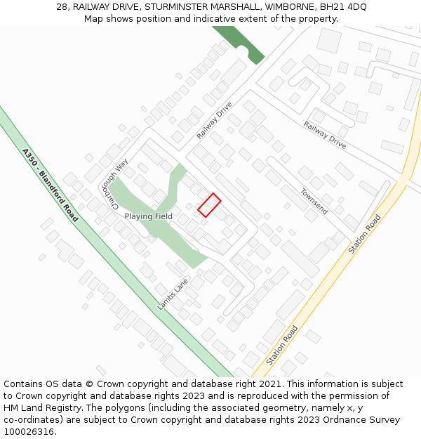 28, RAILWAY DRIVE, STURMINSTER MARSHALL, WIMBORNE, BH21 4DQ: Location map and indicative extent of plot