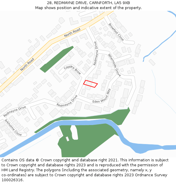 28, REDMAYNE DRIVE, CARNFORTH, LA5 9XB: Location map and indicative extent of plot
