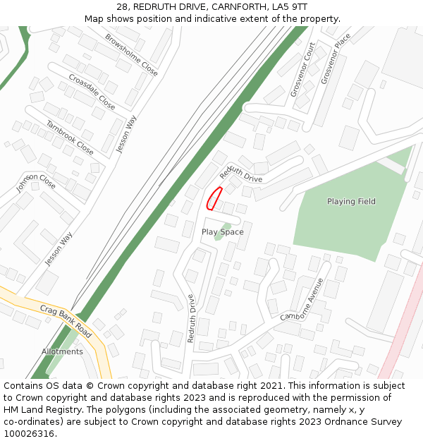 28, REDRUTH DRIVE, CARNFORTH, LA5 9TT: Location map and indicative extent of plot