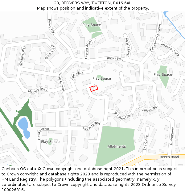 28, REDVERS WAY, TIVERTON, EX16 6XL: Location map and indicative extent of plot