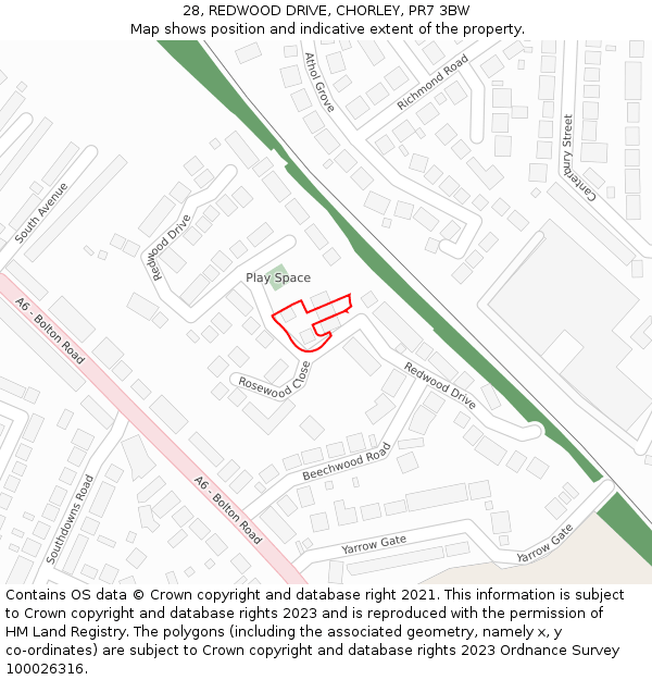 28, REDWOOD DRIVE, CHORLEY, PR7 3BW: Location map and indicative extent of plot