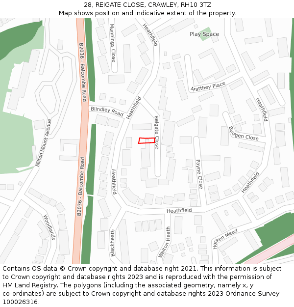 28, REIGATE CLOSE, CRAWLEY, RH10 3TZ: Location map and indicative extent of plot