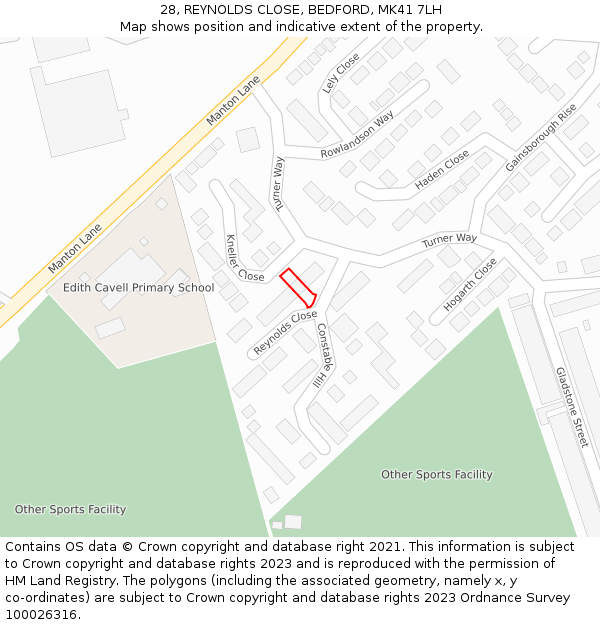 28, REYNOLDS CLOSE, BEDFORD, MK41 7LH: Location map and indicative extent of plot