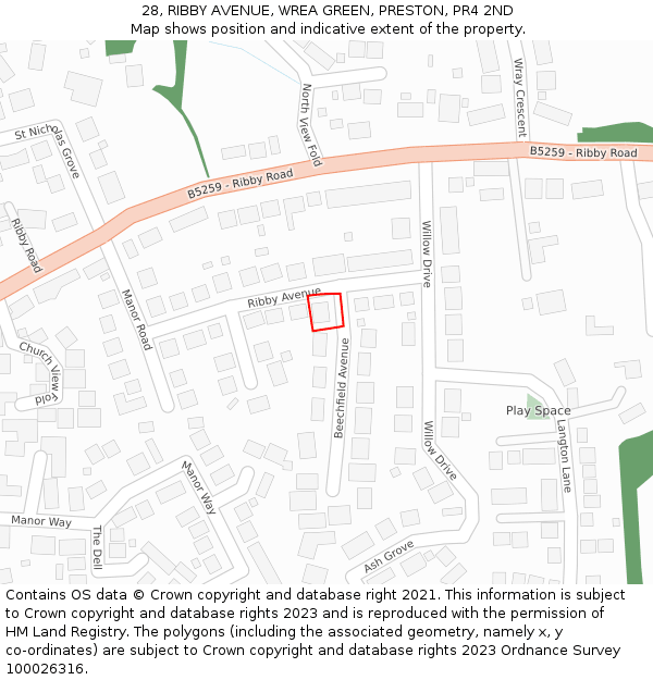 28, RIBBY AVENUE, WREA GREEN, PRESTON, PR4 2ND: Location map and indicative extent of plot