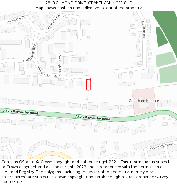 28, RICHMOND DRIVE, GRANTHAM, NG31 8UD: Location map and indicative extent of plot
