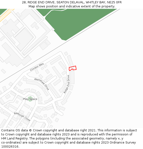 28, RIDGE END DRIVE, SEATON DELAVAL, WHITLEY BAY, NE25 0FR: Location map and indicative extent of plot