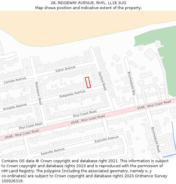 28, RIDGEWAY AVENUE, RHYL, LL18 3UG: Location map and indicative extent of plot
