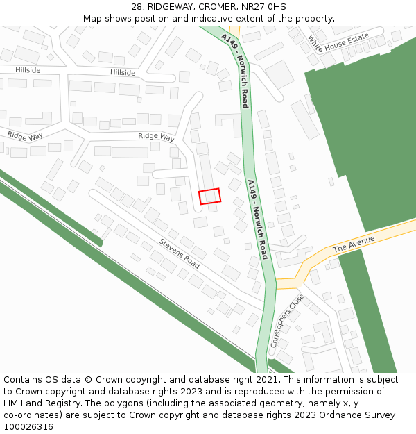 28, RIDGEWAY, CROMER, NR27 0HS: Location map and indicative extent of plot