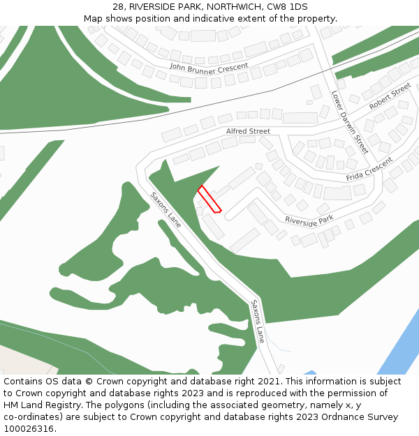 28, RIVERSIDE PARK, NORTHWICH, CW8 1DS: Location map and indicative extent of plot