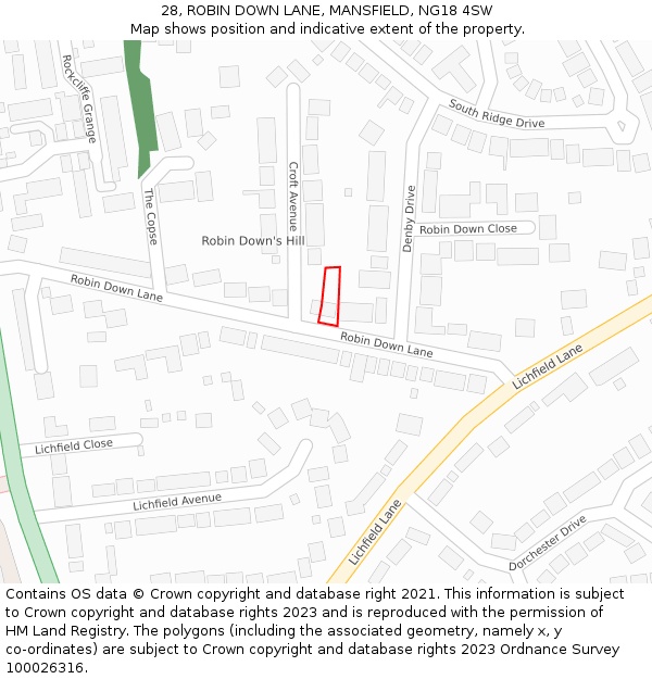 28, ROBIN DOWN LANE, MANSFIELD, NG18 4SW: Location map and indicative extent of plot