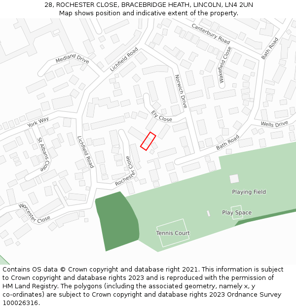 28, ROCHESTER CLOSE, BRACEBRIDGE HEATH, LINCOLN, LN4 2UN: Location map and indicative extent of plot