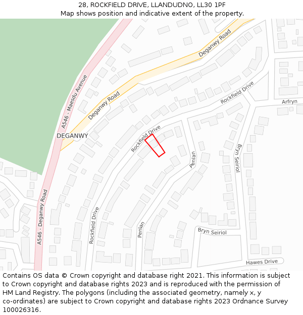 28, ROCKFIELD DRIVE, LLANDUDNO, LL30 1PF: Location map and indicative extent of plot