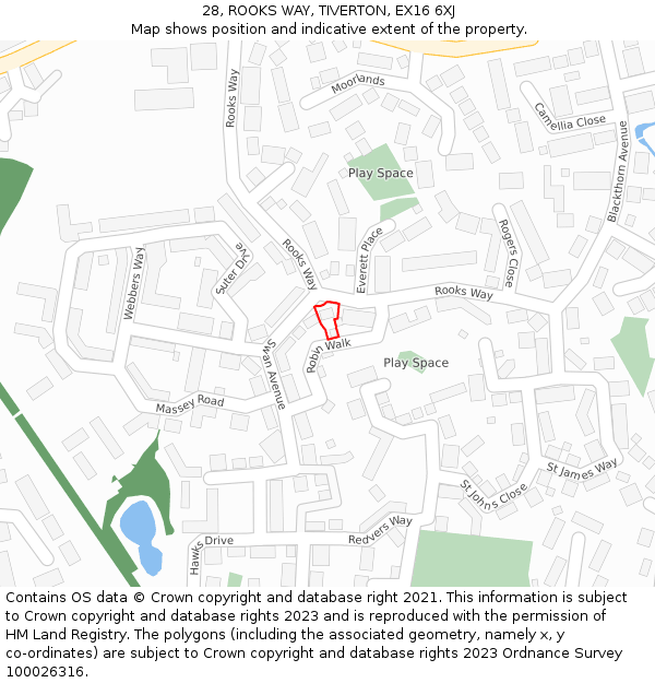 28, ROOKS WAY, TIVERTON, EX16 6XJ: Location map and indicative extent of plot