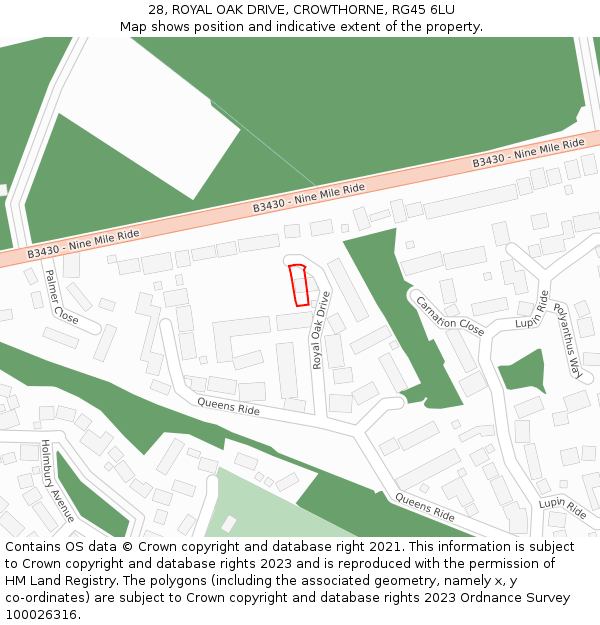 28, ROYAL OAK DRIVE, CROWTHORNE, RG45 6LU: Location map and indicative extent of plot