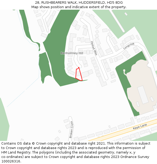 28, RUSHBEARERS WALK, HUDDERSFIELD, HD5 8DG: Location map and indicative extent of plot