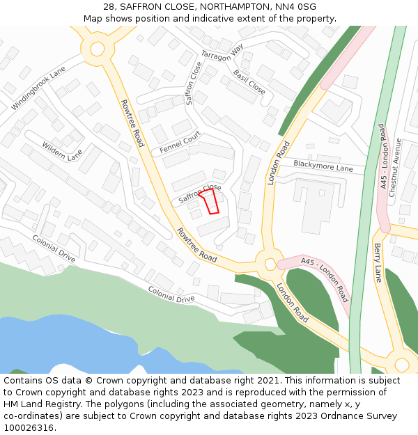 28, SAFFRON CLOSE, NORTHAMPTON, NN4 0SG: Location map and indicative extent of plot