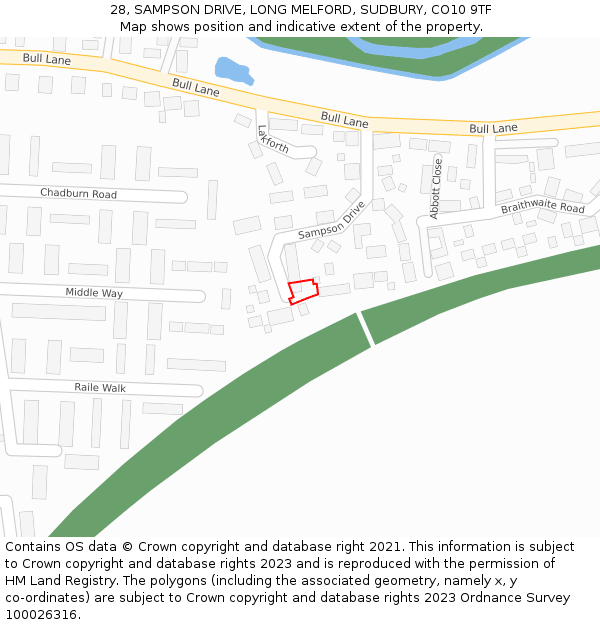 28, SAMPSON DRIVE, LONG MELFORD, SUDBURY, CO10 9TF: Location map and indicative extent of plot