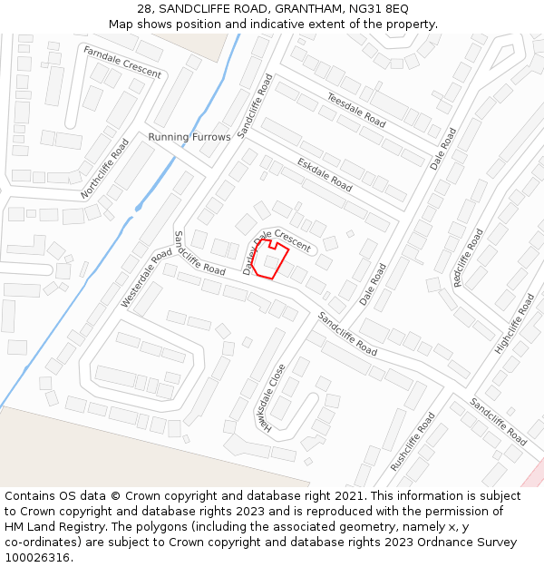 28, SANDCLIFFE ROAD, GRANTHAM, NG31 8EQ: Location map and indicative extent of plot