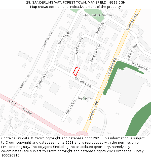 28, SANDERLING WAY, FOREST TOWN, MANSFIELD, NG19 0GH: Location map and indicative extent of plot