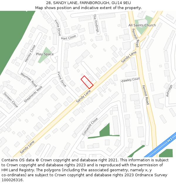 28, SANDY LANE, FARNBOROUGH, GU14 9EU: Location map and indicative extent of plot