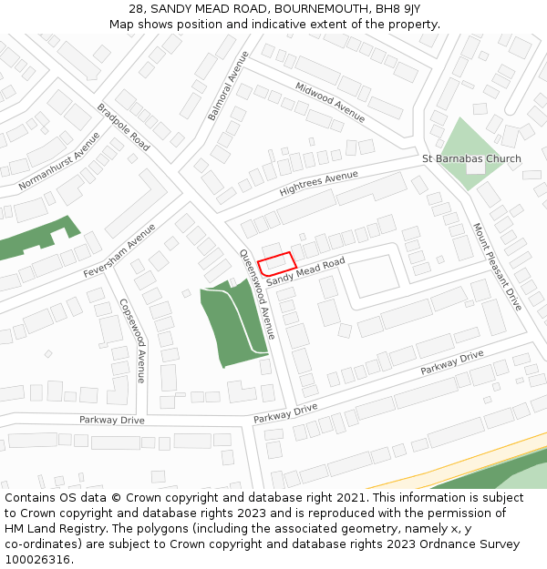28, SANDY MEAD ROAD, BOURNEMOUTH, BH8 9JY: Location map and indicative extent of plot