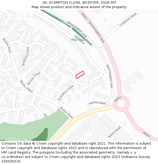 28, SCAMPTON CLOSE, BICESTER, OX26 4FF: Location map and indicative extent of plot