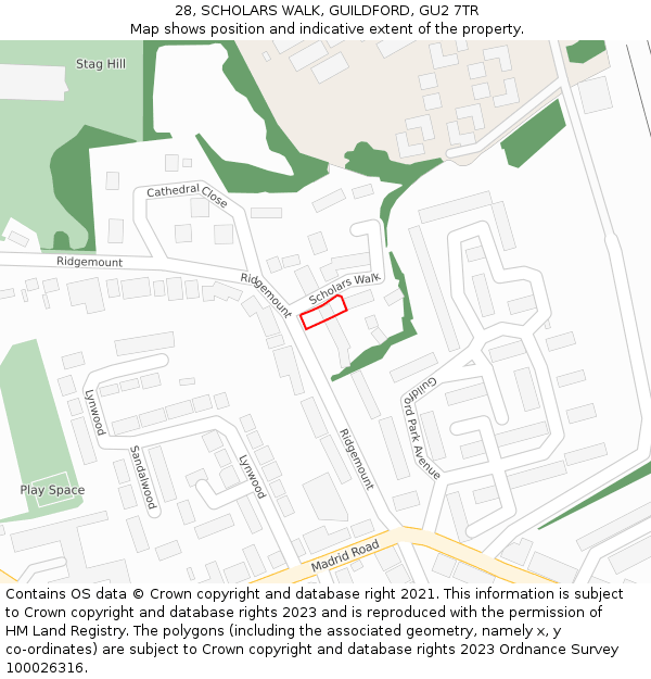 28, SCHOLARS WALK, GUILDFORD, GU2 7TR: Location map and indicative extent of plot