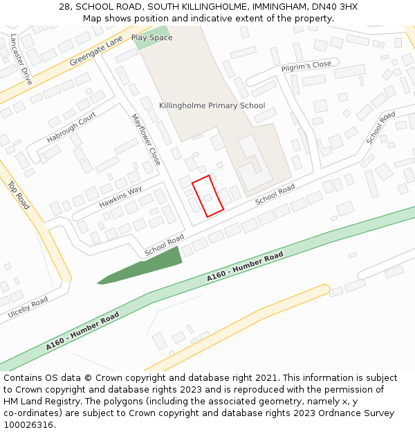 28, SCHOOL ROAD, SOUTH KILLINGHOLME, IMMINGHAM, DN40 3HX: Location map and indicative extent of plot