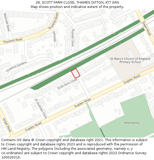 28, SCOTT FARM CLOSE, THAMES DITTON, KT7 0AN: Location map and indicative extent of plot