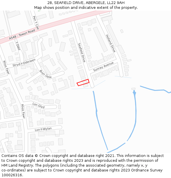 28, SEAFIELD DRIVE, ABERGELE, LL22 9AH: Location map and indicative extent of plot