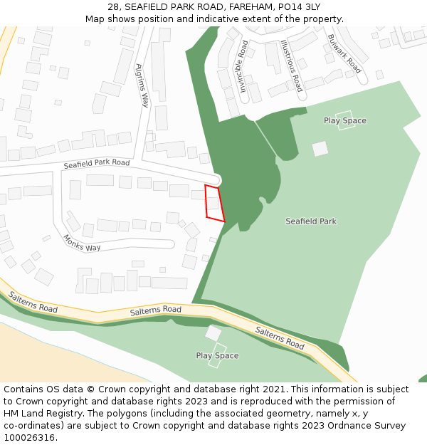 28, SEAFIELD PARK ROAD, FAREHAM, PO14 3LY: Location map and indicative extent of plot