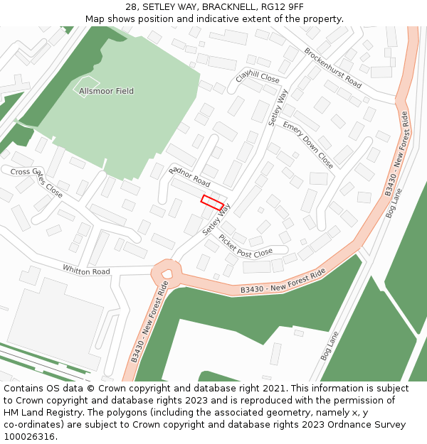 28, SETLEY WAY, BRACKNELL, RG12 9FF: Location map and indicative extent of plot