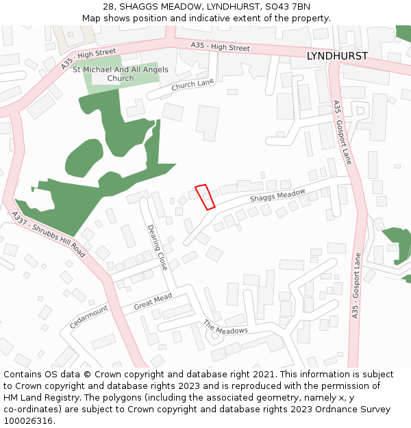 28, SHAGGS MEADOW, LYNDHURST, SO43 7BN: Location map and indicative extent of plot