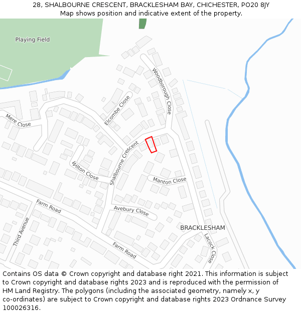 28, SHALBOURNE CRESCENT, BRACKLESHAM BAY, CHICHESTER, PO20 8JY: Location map and indicative extent of plot