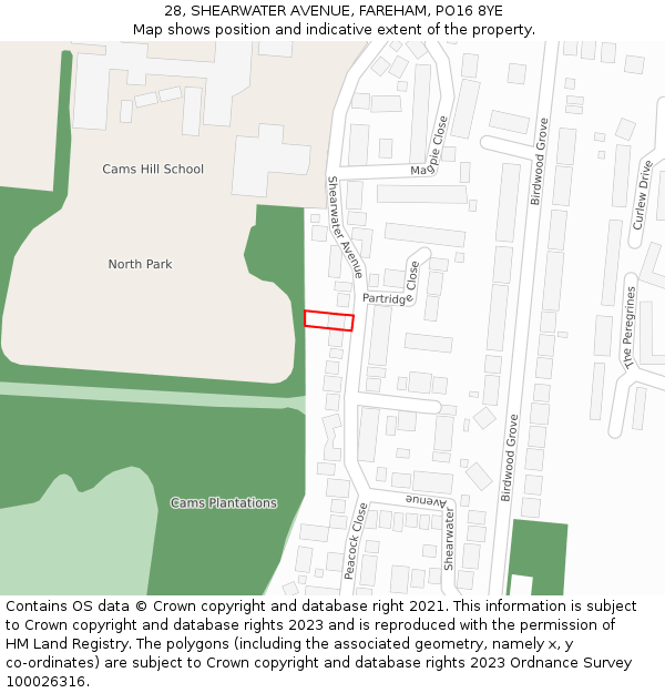 28, SHEARWATER AVENUE, FAREHAM, PO16 8YE: Location map and indicative extent of plot