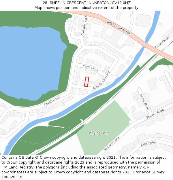 28, SHEELIN CRESCENT, NUNEATON, CV10 0HZ: Location map and indicative extent of plot